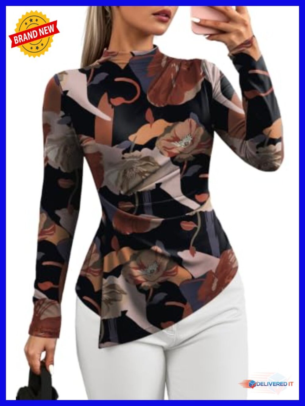 Women's Long Sleeve Mock Neck Peplum Top - Floral Pattern